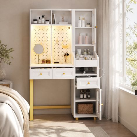 Tocador con LED (100x45x156 cm), organizador perforado, 3 cajones, estantes abiertos, MDF blanco y dorado (1/5)