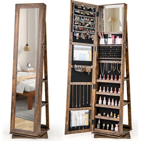 Armoire à bijoux pivotante 360°, organiseur de bijoux debout avec miroir pleine longueur et étagères arrière - marron rustique (1/5)