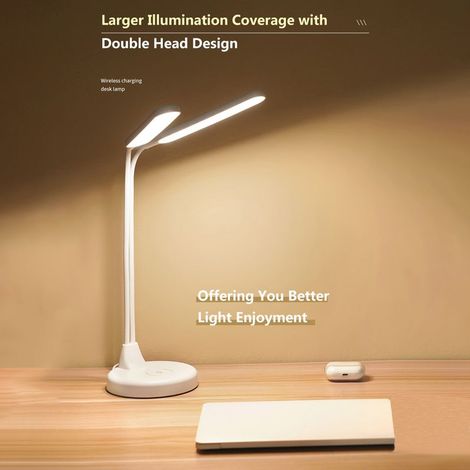Lampe de table/bureau à double tête, 5 V CC, 8 W, avec commandes tactiles sensibles, port de charge USB-C, 3 couleurs et température de couleur réglable en continu. Idéale pour la lecture, la chambre (1/2)