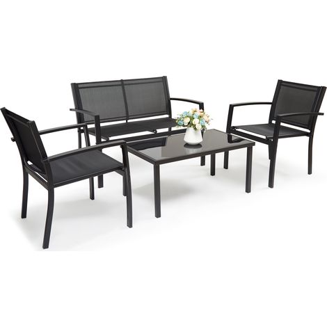 Mondeer – Salon de jardin 4 pièces – 3 chaises en tissu textilène – Table en verre trempé 90x50cm – Design ergonomique noir