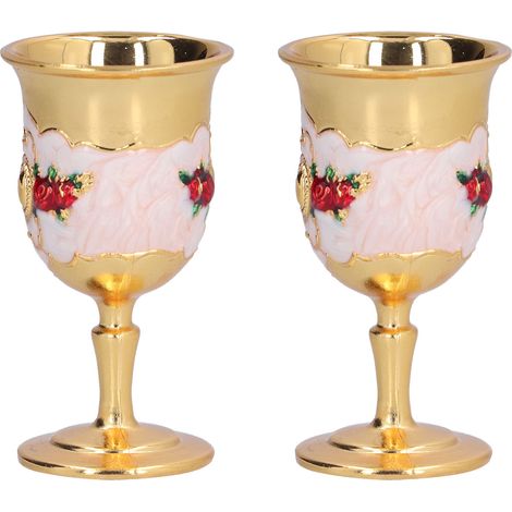 Ensemble de deux verres à pied en métal, motif floral peint à la main avec une grande finesse, style cour vintage, accessoires de bar et cadeaux (or/blanc). (1/5)
