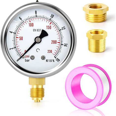 0-16 bar/0-230 PSI Manomètre à liquide en acier inoxydable 1/4" BSP 2,5" FACE DIAL, montage inférieur avec douilles hexagonales en laiton 3/8" x 1/4" et 1/2" x 1/4" WOG Eau Huile Air (1/5)