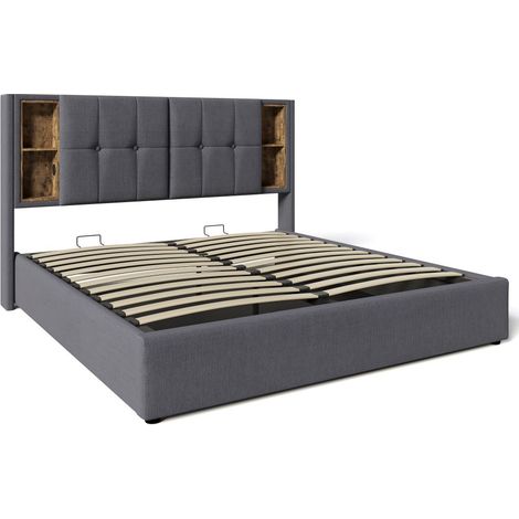 Lit capitonné avec espace de rangement en gris, avec chargeur USB C sans fil, cadre de lit en bois, tissu en lin naturel (sans matelas) -140x200cm (1/5)