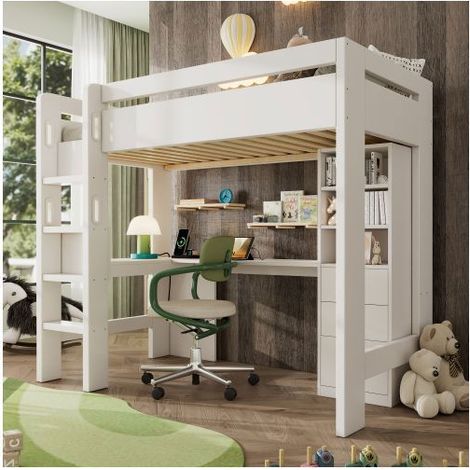 Lit mezzanine - SOGEU - Lit Mezzanine 90x200 cm - Bureau en L USB Type-C - 3 tiroirs & 3 étagères - Bois massif & MDF (1/5)