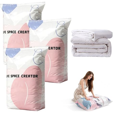 Lot de 3 grands sacs de compression sous vide - 100 x 80 x 30 cm - Sans pompe pour couettes, sacs de compression hermétiques pour vêtements, oreillers, couvertures et linge de lit (1/5)