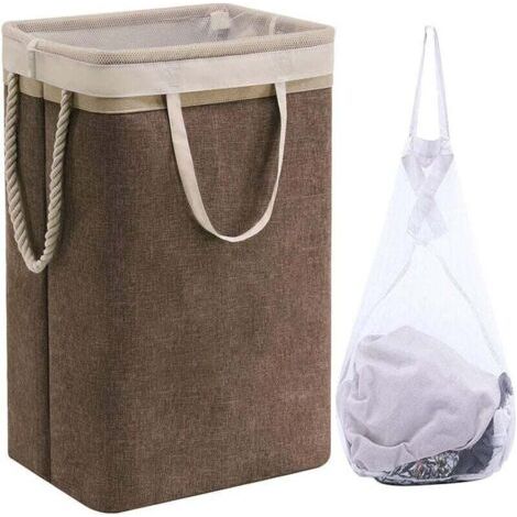 Grand Panier à Linge 60 x 41 x 31 cm , Sac à Linge Pliable avec Poignées en Corde Poubelle de Rangement Adaptée à la Chambre à Coucher la Buanderie Salle de Bain Beige+Café
