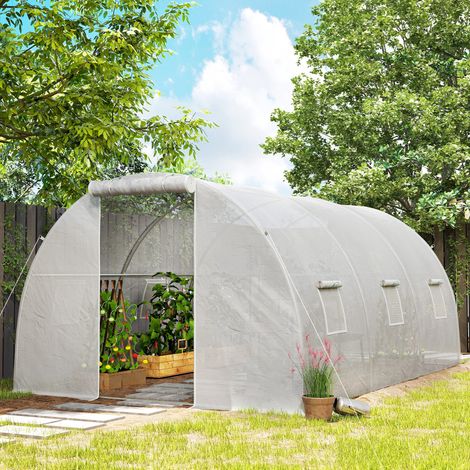 Serre de jardin tunnel 13,5 m² 6 fenêtres, porte zippée enroulable châssis acier galvanisé, bâche PE 4,5 x 3 x 2 m blanc (1/5)