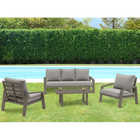 Salotto da esterno 5 posti con struttura in alluminio effetto doghe divano e poltrone con cuscini e tavolino Trenton - DarkGrey (1/5)