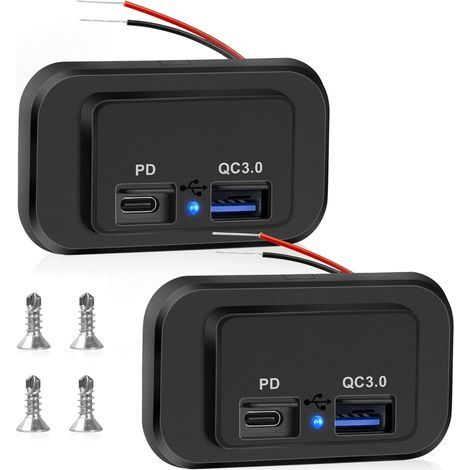 Paquete de 2 tomas de corriente para coche con doble puerto USB de 4,8 A, doble toma de carga rápida, panel de control USB de 12 V/24 V, toma de carga rápida impermeable con LED para coche, barco, cam (1/5)
