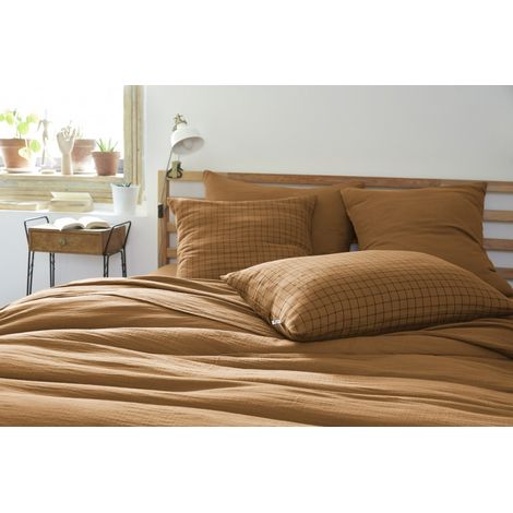Taie d'oreiller Tissé-teint petits carreaux Déco "Gaïa Mix" 60 x 60 cm & 50 x 70 cm "Gaze de Coton" - Gaïa Mix Camel - 60 x 60 cm - Gaïa Mix Camel - (1/3)