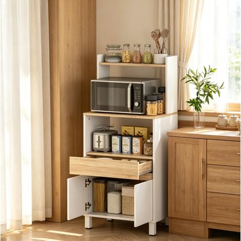 Mueble para microondas 60x40x131 cm de tablero de madera blanco FloraGrace (1/5)