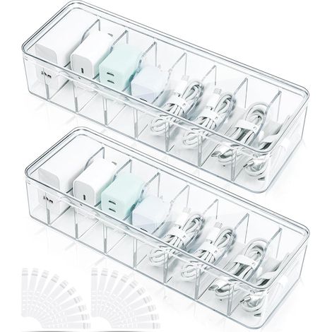 Lot de 2 boîtes de rangement pour câbles avec couvercles, boîte transparente à 8 compartiments et 20 attaches-câbles, idéale pour le bureau. (1/5)