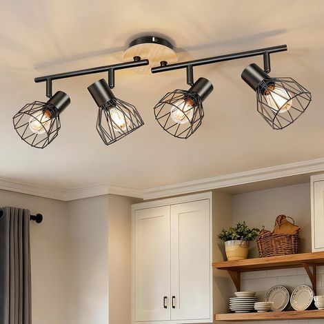 Ceiling Light with 4 Spots, Wooden Base, Metal Grille, Adjustable, Indoor (1/5)