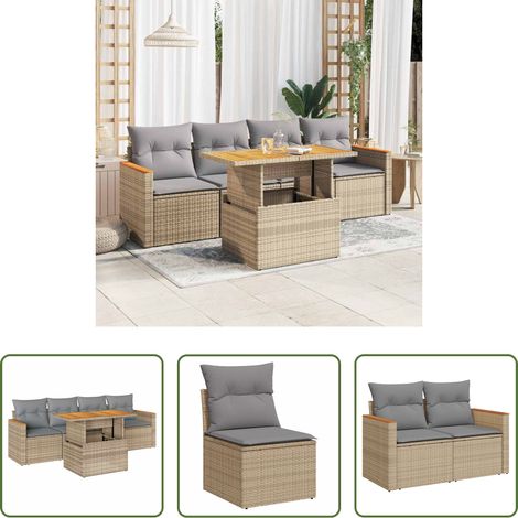 Gartentisch - 5-tlg. Garten-Sofagarnitur mit Kissen Beige Poly Rattan Akazie (1/5)