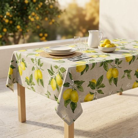 Tovaglia Dory Sorisole Tex Family, cotone pesante 80/20, stampa limoni e foglie su fondo greige, 5 misure Cm. 140x140 x4 persone