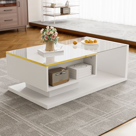 Table basse 90x50x32.5 cm plateau brillant avec effets verre et LED, panneau de particules, blanc (1/5)