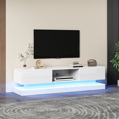 Meuble TV laqué blanc brillant 160x35x40,5cm, avec éclairage LED, 2 tiroirs, contrôle via application, système anti-basculement, pour écran 60 pouces