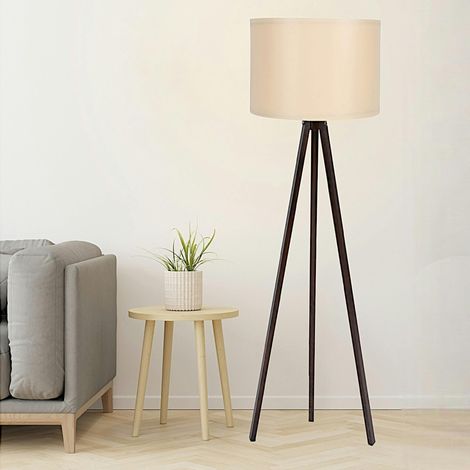 Lampadaire trépied effet noyer et abat-jour beige KILIS (1/3)