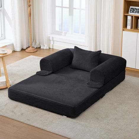 Sofá cama individual (33x33x95 cm), convertible sin herramientas, con cojín, tapizado de cord negro (1/5)