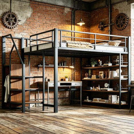 Letto a soppalco 140200, con scaletta di sicurezza, vano contenitore e piccolo armadio, mensole, design con sponda alta, letto singolo, letto per ragazzi, nero (1/5)