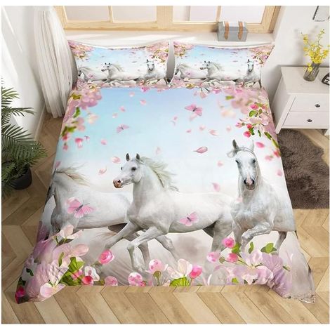 Cheval Parure de Lit 140x200cm Parure de cheval au galop blanc Housse de Couette Fleur de cerisier rose Floral 3D décoration - NKS (1/4)