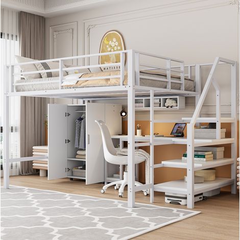 Lit mezzanine enfant 140x200 cm métal blanc avec bureau, pour chambre, sans matelas – MEUBLIV (1/5)