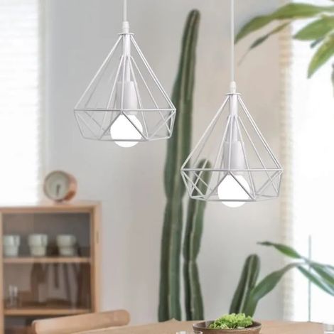 U-DO LOT DE 2 ,20CM Lustre Cage en Métal Blanc design Vintage Suspension Filaire Ajustable Industriel pour Cuisine Couloir (1/3)