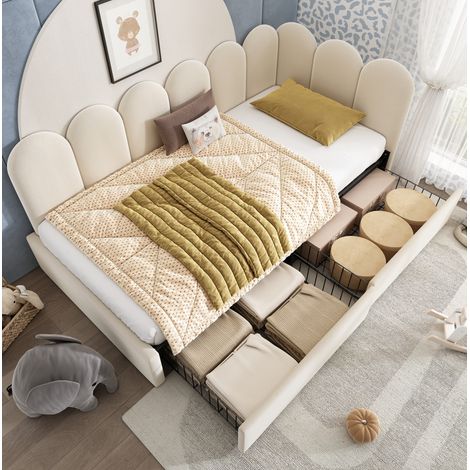 Lit banquette 90x190 cm beige en velours avec 2 tiroirs et sommier à lattes (1/5)