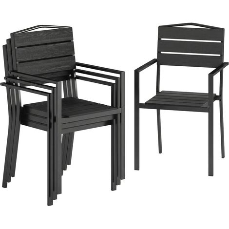 Lot de 4 chaises jardin empilables noires, assise et dossier lattes HDPE, accoudoirs, structure métal, mobilier extérieur (1/5)