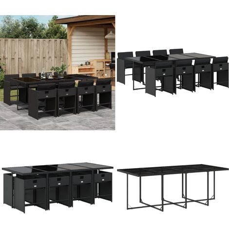 Set da Pranzo da Giardino 9 pz con Cuscini Nero in Polyrattan - Sedie da giardino - Tavolo da giardino