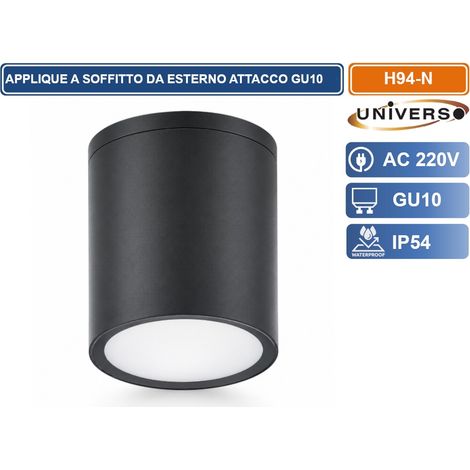 UNIVERSO H94-N LAMPADA APPLIQUE SOFFITTO CILINDRICA DA ESTERNO IP54 CON PORTALAMPADA GU10 NERO OPACO