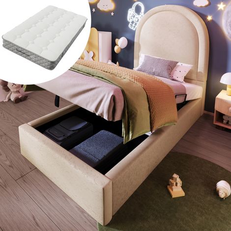 Kinder-Polsterbett 90x200 cm mit Matratze und Stauraum, Beige (1/5)