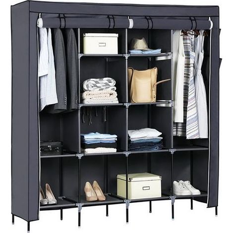 Armoire à vêtements Armoire de rangement portable pour vêtements 12 étagères 4 poches latérales, Gris