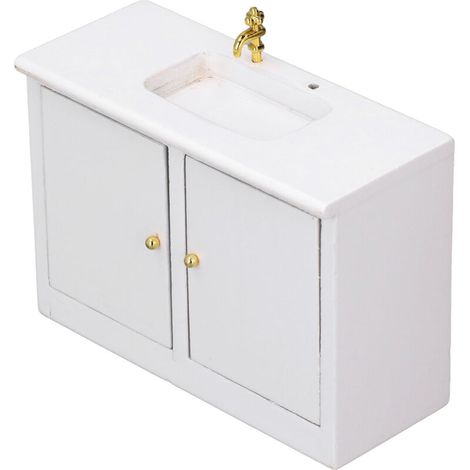 Lavabo de salle de bain miniature 1:12 en bois, évier blanc avec meuble pour maison de poupée (1/5)