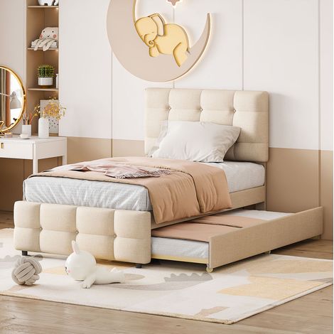 Lit enfant rembourré en lin beige 90x200 cm avec lit gigogne 90x190 cm et tête de lit réglable (1/5)