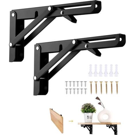 Équerre Pliante200mm, 2 Pièces Noir Support Console Pliable, Supports D' étagères Pliants Charge, Lourds Support Console Pliable Rétractable, Equerre Etagere, Pour Garage, Cuisine, Chambre. (1/4)