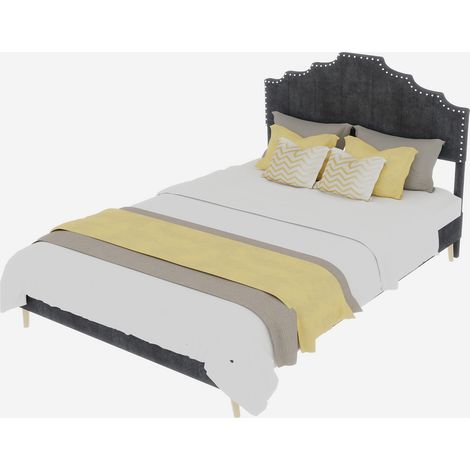 Letto Matrimoniale 140 x 200 cm in Tessuto Grigio con Testiera Geometrica, Struttura in Metallo, senza Materasso (1/5)
