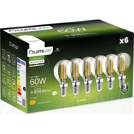 6 ampoules LED E14 boule P45 7W = 60W 806lm 4000K neutre à filament 360° LUMILED