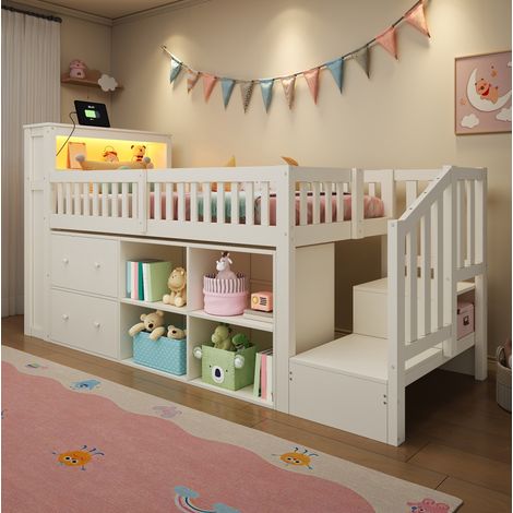 Lit enfant mi-haut 90x200 cm avec LED, USB et USB-C, rangements, escalier-placard, pin MDF - blanc (1/5)