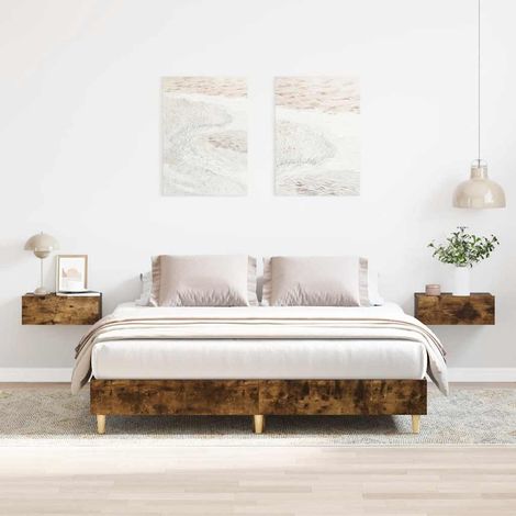 Cadre de lit 140 x 200 cm avec sommier à lattes, bois d’ingénierie, chêne fumé, 32.1kg - PANGIVO (1/5)