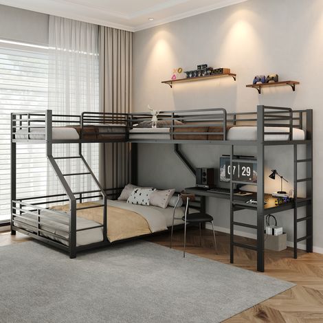 Lit Superposé 3 Places 90x200 et 140x200 cm, Bureau Intégré, Double Prise Secteur, USB et Type-C, Métal, Certifié EN 747 - Noir (1/5)
