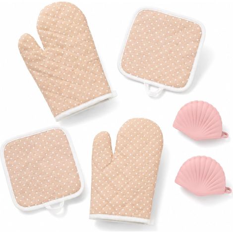 Ensemble de Gants de Four et maniques Rose à Pois, 6 pièces avec Gants de Cuisson, Mini Gants et maniques pour Cuisine, Four et Micro-Ondes (1/5)