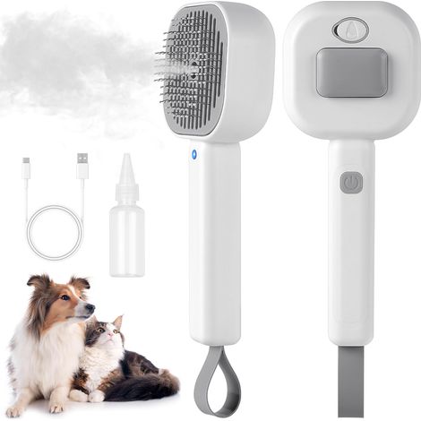 Brosse Chat Vapeur 4 en 1,Antistatique Peigne de Massage Spray pour Chats Spray Steamy Brush Rechargeable Avec Réservoir D'eau, pour Démêle et Elimine les Courts et Longs Poil(Blanc Gris) (1/5)