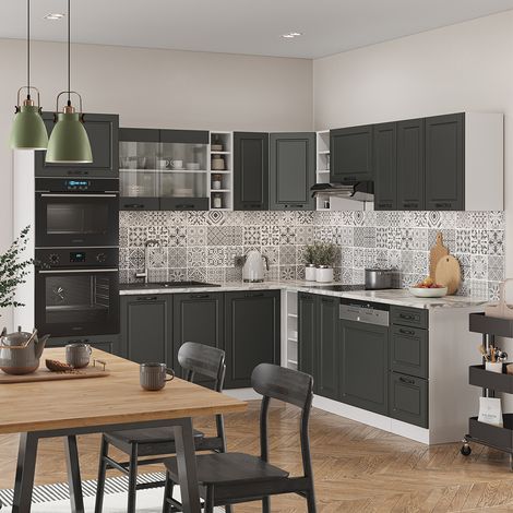 Cuisine en angle R-Line, Anthracite maison de campagne/blanc, 237 x 60 cm , PT Marbre, Vicco