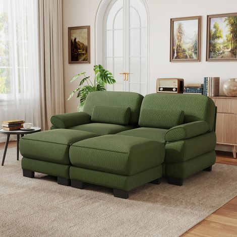Divano modulare 2 posti con 2 pouf, 194 x 161 x 94 cm, velluto a coste verde REDOM (1/5)