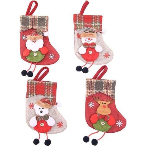 Chaussette Noel - Lin 10 x 20 cm - Décoration Cheminée Arbre Noël - 4 Pièces