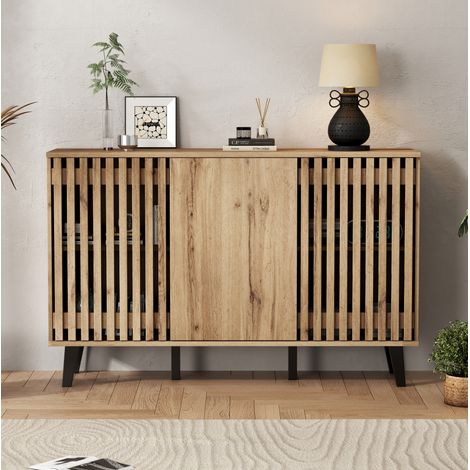 Sideboard aus Spanplatte in Naturholzoptik 150x40x95 cm, 3 Türen, 6 Fächer, breiter Stauraumschrank (1/5)