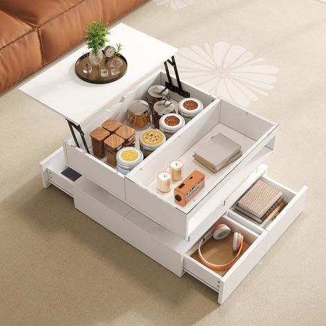 DESMIU Table Basse Relevable avec LED 16 Couleurs, 2 Tiroirs et Rangement, pour Salon, en Aggloméré, Blanc, 70 × 67 × 57 cm (1/5)