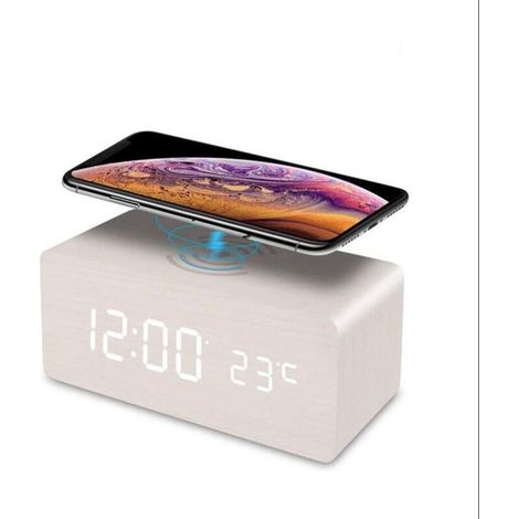 Réveil Numérique Bois avec Chargeur sans Fil, Réveil Numérique en Bois avec Affichage LED de l'Heure, de la Température, Contrôle Sonore pour Bureau de Chambre (blanc) (1/5)