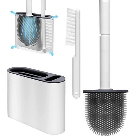 Brosse WC flexible avec support pour un nettoyage en profondeur, dotée de fentes d'aération, d'un pied et d'une fixation murale. (1/5)